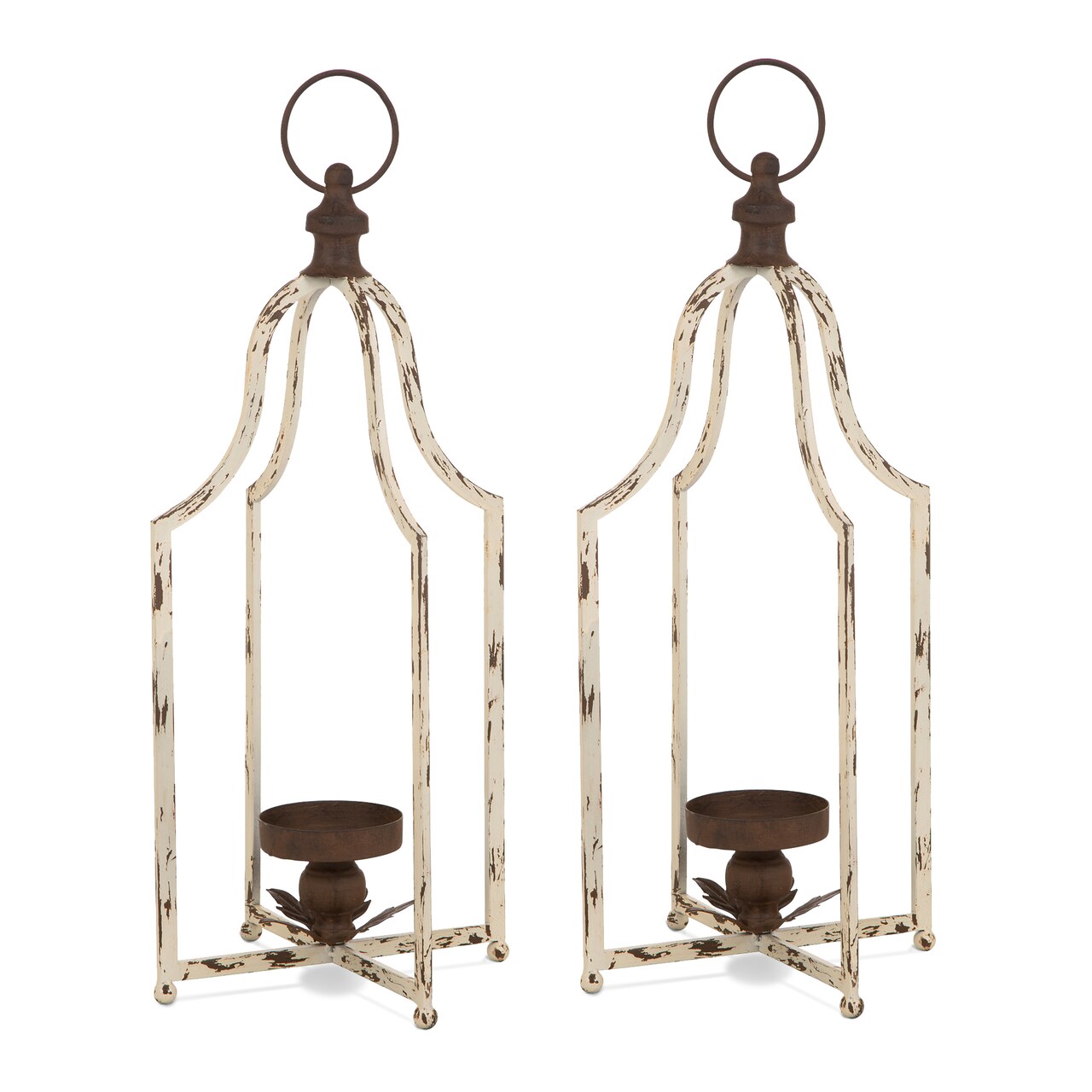 Set of 2 White Farmhouse Metal Decorative Lanterns Hanging Candle Holders Wedding Decor